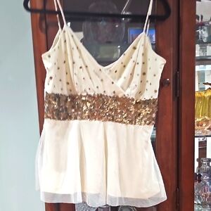 Night Way Collections Cream and Gold Sequined Cropped Top‎ Sz Large
